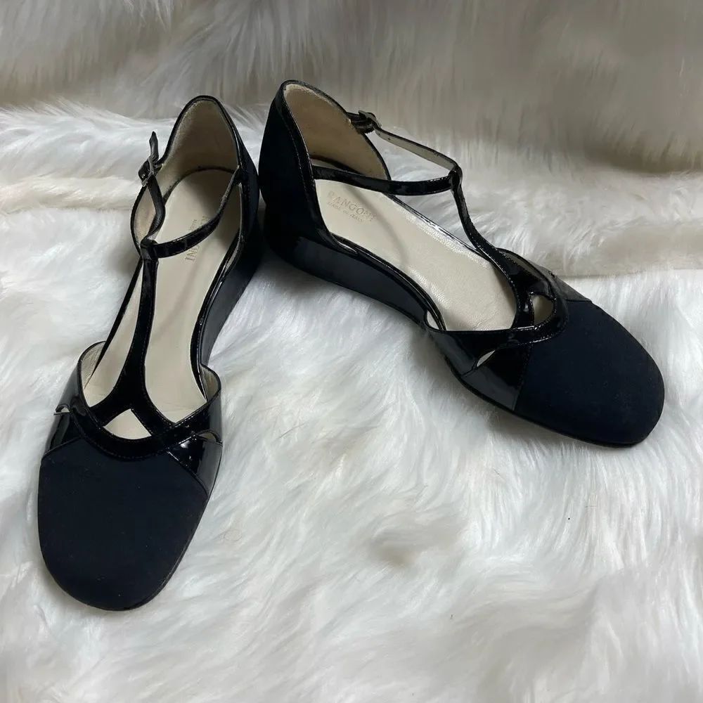 Rangoni black patent leather and nylon ankle T Strap wedge shoes size 10 .